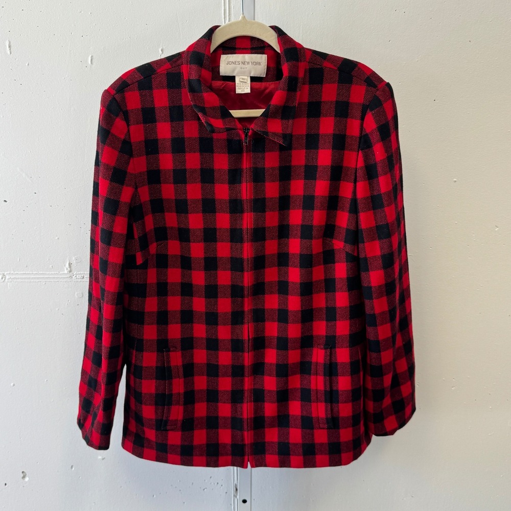 Vintage Jones NY Suit Women's Red Black‎ Buffalo Plaid Wool Blend Zip Up Jacket